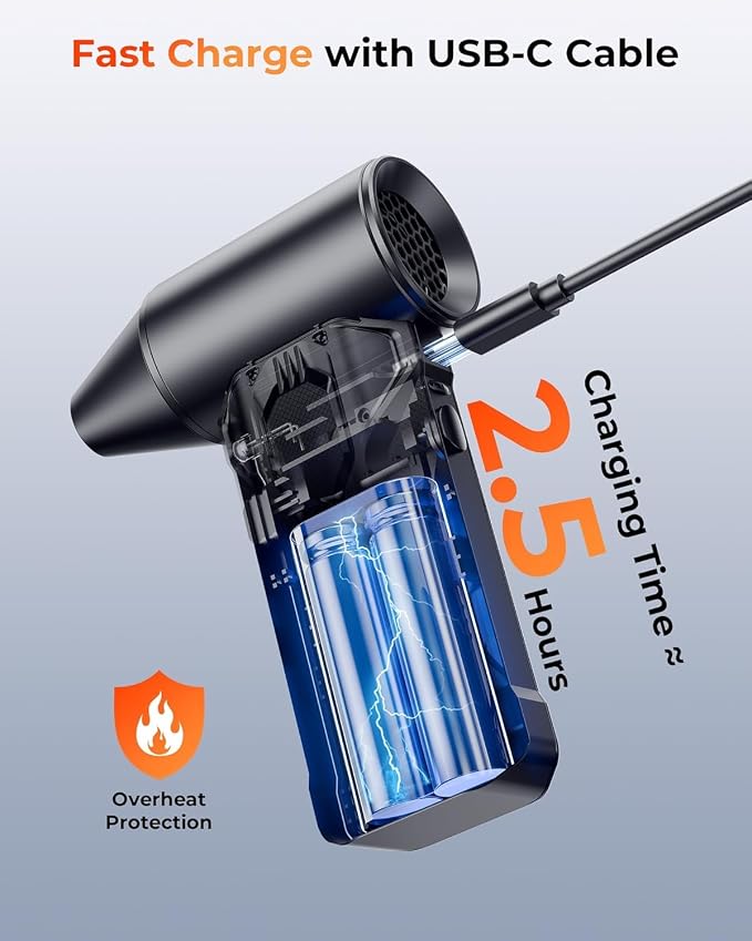 Compressed Air Duster, 110000 RPM High-Speed Electric Air Duster with Brushless Motor, 3-Speed Settings, Rechargeable Cordless Dust Blower with Fast Charging for PC, Keyboard, Car, Home (Black)