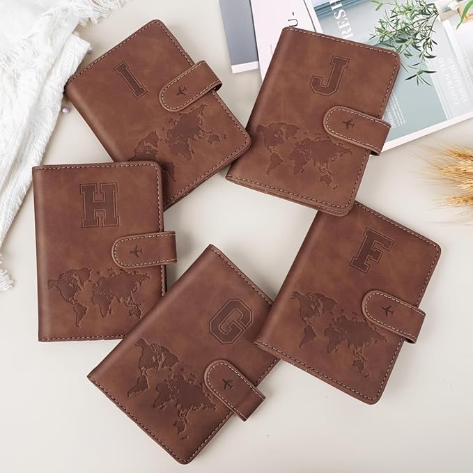 Passport Holder Wallet Cover Personalized Initial Travel Essentials | Embossed Letter A-Z Design, Travel Wallets, RFID Blocking, Passport Book Holders, Women Men, Personalized Gifts, Brown-F