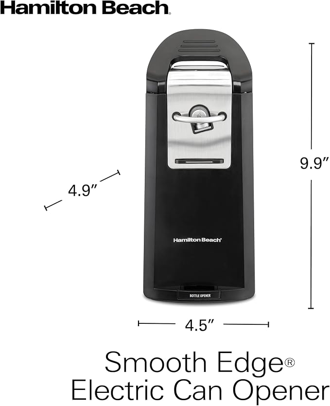 Hamilton Beach Smooth Touch Electric Can Opener With Easy Push Down Lever | Opens All Standard, Extra-Tall & Pop-Top Cans | Includes Bottle Opening Accessory | Built-In Knife Sharpener | Black | 76608