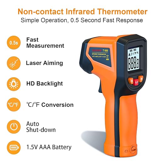 Laser Infrared Thermometer Non-Contact Digital Temperature Gun, -58℉~1112℉(-50℃~600℃) IR Thermometer for Industrial, Kitchen Cooking, Automotive, HVAC (Not for Human Body Temp)