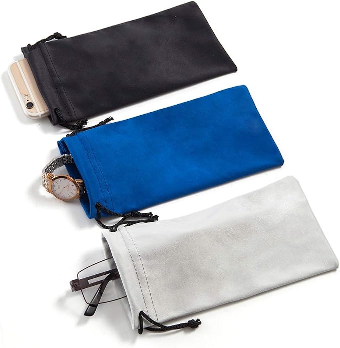 TRIUMPH VISION Glasses Case Soft Eyeglass Case Sunglass Pouch Cloth 3 Pack | Thick Microfiber Pouch Drawstring Pouch Eye Glass Bag Sunglasses Sleeve Storage, Lens Protection Cover,Cleaning Lens Screen