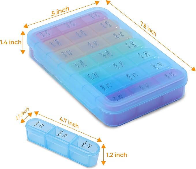 Daviky Pill Organizer Travel, Weekly Pill Organizer 3 Times a Day, Pill Box 7 Day, Pill Cases Organizers 7 Day, Daily Pill Box Organizer, Medicine Organizer to Hold Vitamins and Medication (Blue)