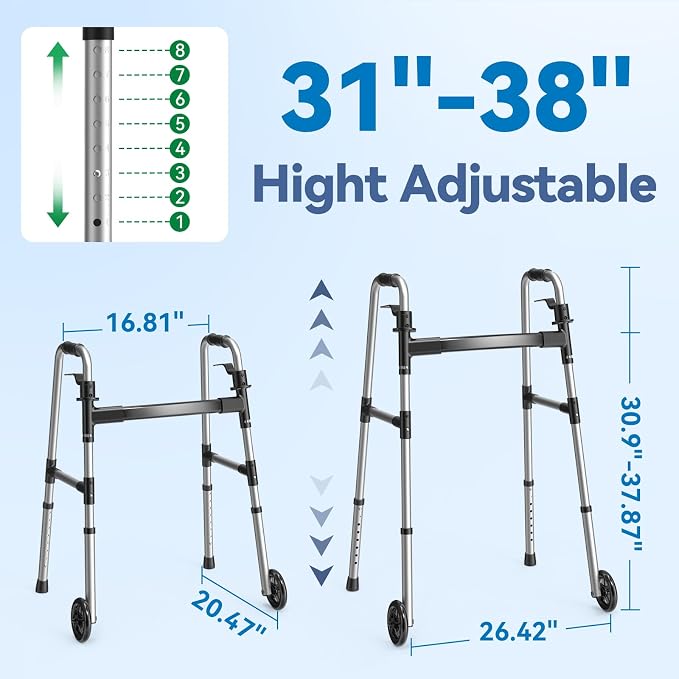 Loyoda Folding Walker with 2 Skis and 5" Wheels, Lightweight Walkers for Seniors and Adults, Supports Up to 350 Pounds, Adjustable Height, Compact Standard Walker, Black