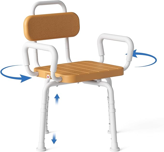 360° Swivel Shower Chair with Removable Arms, Adjustable Height Rotating Shower Chair for Inside Shower for Seniors and Disabled,Tool-Free 3-Min Assembly,Brown