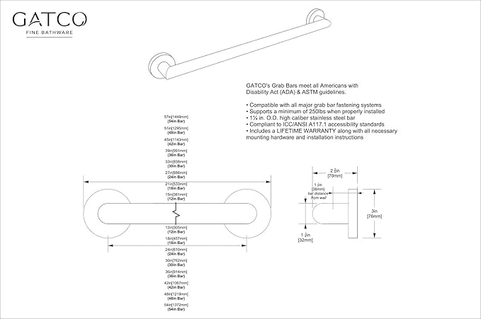Gatco 962 Glam 18" L Grab Bar, Chrome/ADA Compliant Stainless Steel Safety Grab Bar for Bathroom