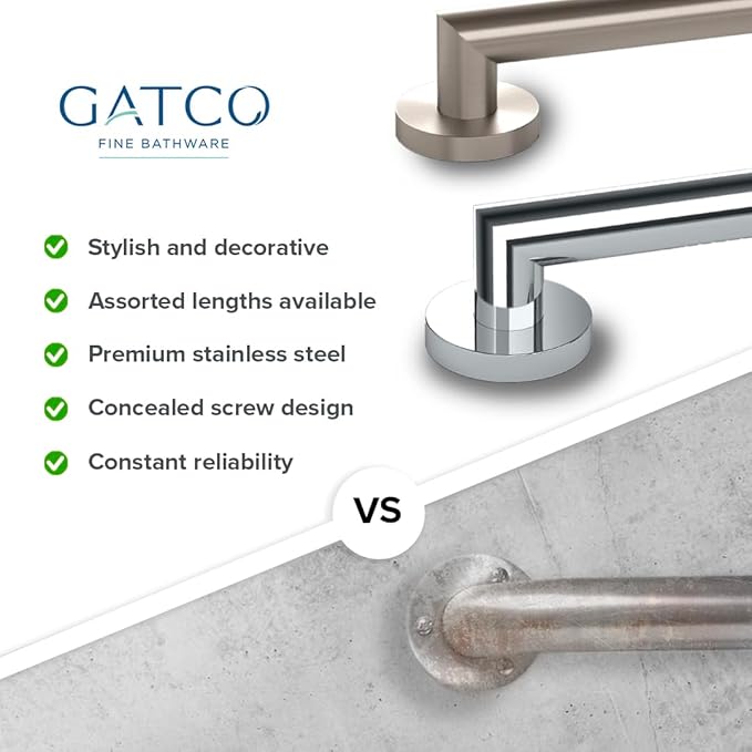 Gatco 960 Glam Grab Bar, Chrome, 12-inch/ADA Compliant Safety Stainless Steel Grab Bar for Bathroom