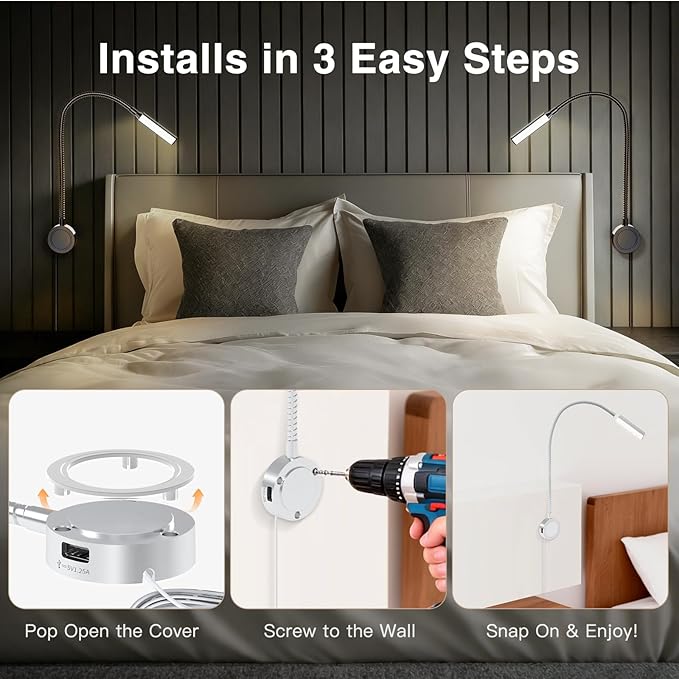 VST Books Lights for Headboard, Bedside Wall Mounted Reading Lamp, Reading Light Touch to Adjust Color Temp (3000K/4000K/6000K) and Brightness, USB/Type-C Charging Ports, 20W Driver, ETL-Listed