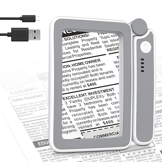 MoKo Magnifying Glass with Light, 4X Full-Page Folding Magnifier | Rechargeable magnifying glass for reading has 10 LEDs, 3 light levels and a 4.3 x 2.5 inch acrylic lens; grey.