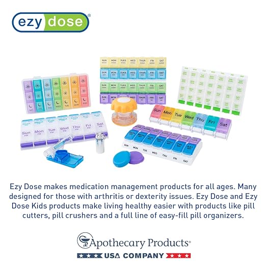 EZY DOSE Weekly (7-Day) Pill Organizer, Vitamin Container, and Daily Medicine Planner, 2X-Large Push Button Compartments, Arthritis Friendly, Easy to Use, 4 Times a Day, Clear Lids, BPA Free