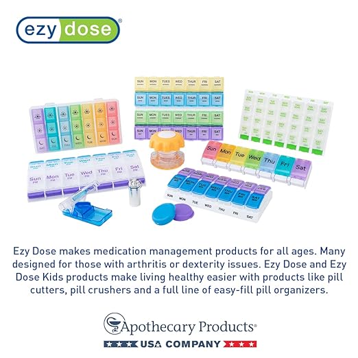 EZY DOSE Push Button (7-Day) Pill Case, Medicine Planner, Vitamin Organizer, 2 Times a Day AM/PM Container, X-Large Compartments, Arthritis Friendly, Effortless Open, Clear Lids, Blue/White, BPA Free