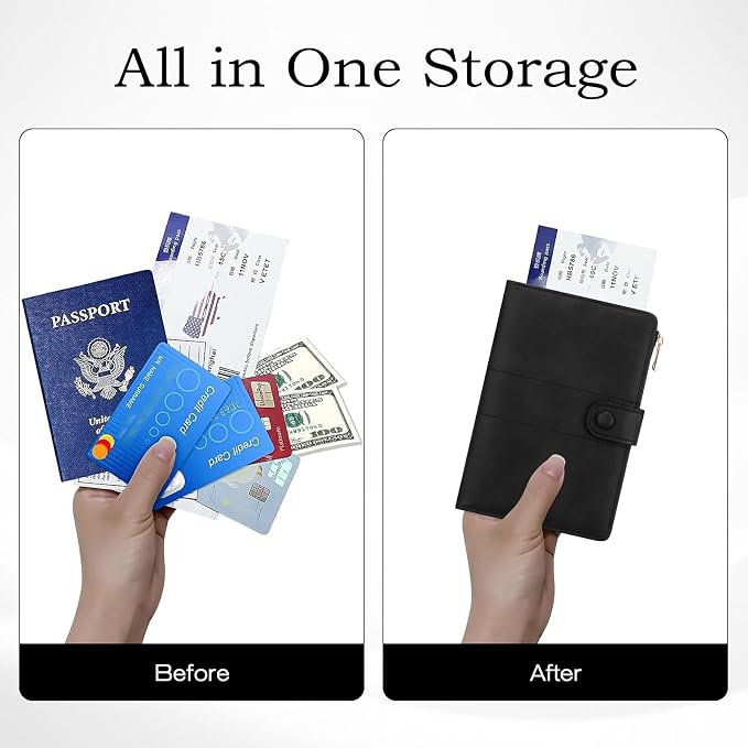 Leather Passport Holder with RFID Blocking,Slim Travel Passport Wallet Case | with Card Slots, Boarding Pass Holder, Pen Loop & SIM Card Trays, Cute Passport Cover for Women Men Family, Black