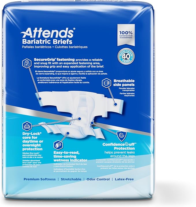 Attends Bariatric Incontinence Disposable Briefs, 3X-Large, Up to 85" Waist with Tab Closures, Ultimate Absorbency, Dry-Lock Containment Core and ConfidenceCuff Leakage Protection, 3XL 48ct Case
