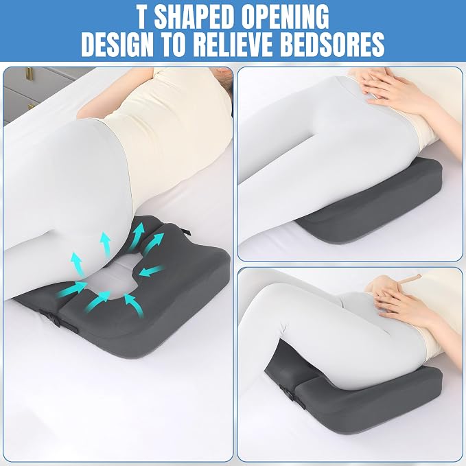 HOMBYS Memory Foam Bed Sore Cushions for Butt,Bedsore Pressure Relief Pillow for Sleeping and Sitting,Cushion for Bed Sores on Buttocks, T Shaped Opening Tailbone Pillow, Patent Pending(Dark Grey)