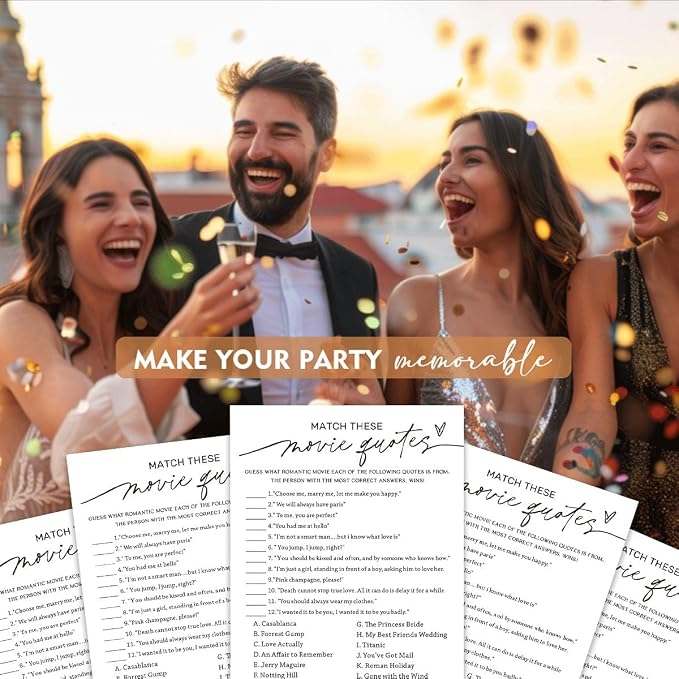 Wedding Shower Games Cards, Match These Movie Quotes, 25 Game Cards with 1 Answer Card, Engagement Party Wedding Games for Guests, Minimalist White Wedding Party Supplies - A09