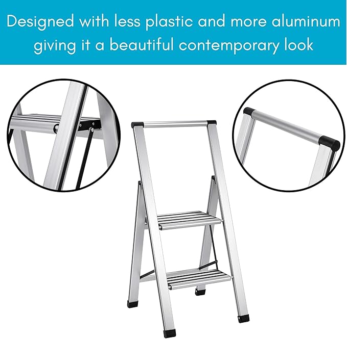 BIRDROCK HOME 2 Step Ladder | Folding Anti-Slip Step Stool, 250 lb Capacity | Lightweight, Slim & Sturdy Design for Household, Kitchen, Garage, Indoor & Outdoor Use | Collapsible, Portable, Heavy-Duty