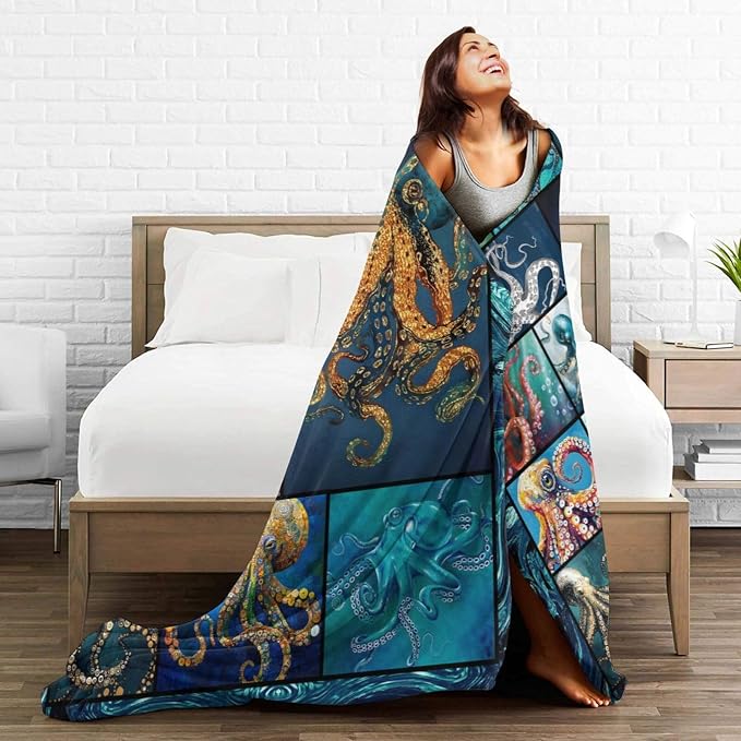 Ocean Octopus Blanket Soft Octopus Flannel Fleece Blanket Cozy Warm Nautical Octopus Stuff Decor Bedding Plush Throw Blanket Octopus Gifts for Lovers Girls Boys Kids Women Adults Bed Travel 60"x80"