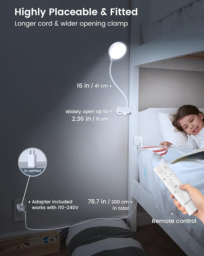 Glocusent 5W 36 LED Reading Clip on Light for Bed, Eye Caring Bed Lamp, 3 Colors & 5 Brightness Levels for Headboard with Adapter, Perfect for Reading, Working & Studying (White with Remote)
