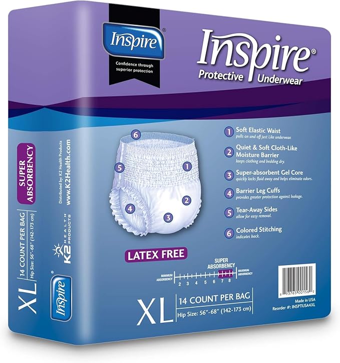 Inspire Protective Underwear for Men and Women with Incontinence | Adult Diapers | Disposable Underwear for Adults | Adult Pull Ups - 4 Bags of 14 | 56 Total (Extra Large)