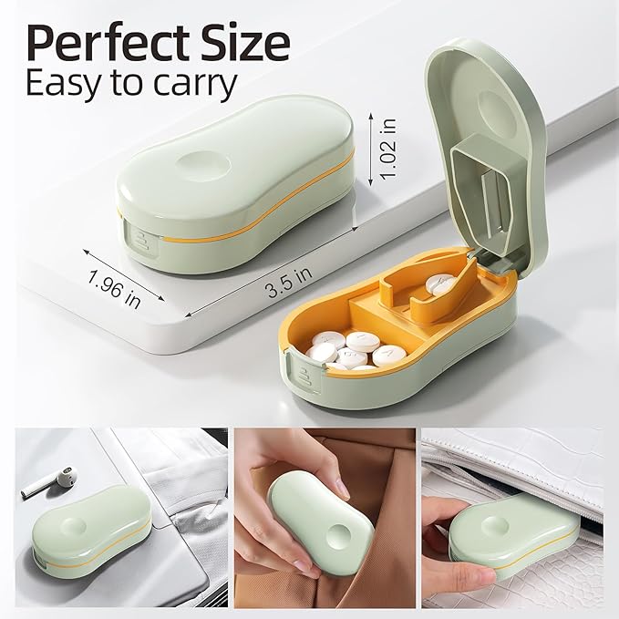 Pill Cutter Splitter for Small and Tiny Pills - 1/2 Accurately Cuts -Easy Open Snap Button.Wrap-Around Blade Guard Prevents Cuts. Detachable V-Shaped Pad. Back Storage(Green)