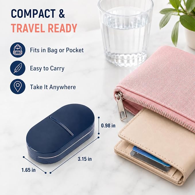 Pill Cutter Splitter for 1/2 Cuts, Small Tablets and Vitamins, Easy-Open Button, Built-in Storage, Shielded Stainless Steel Blade, Portable Tablet Splitter(Blue)