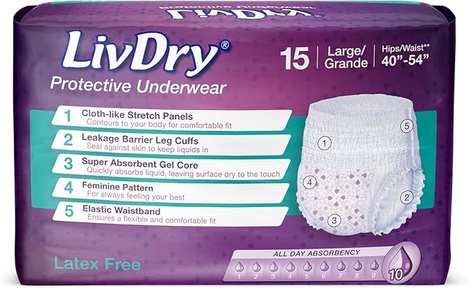 Livdry L Adult Diapers Women Overnight, Ultimate Max Absorbency, All Day or Night Protection, Large (15 Count)