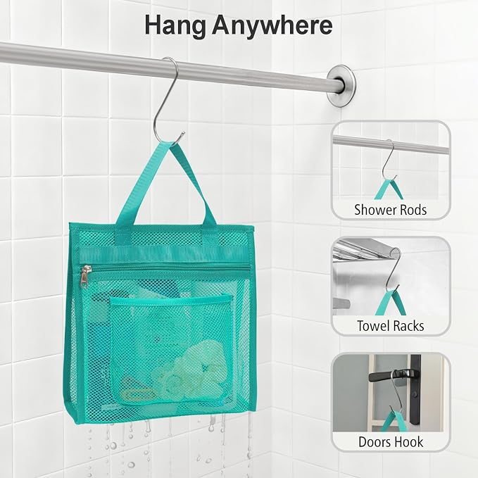 Small Mesh Shower Caddy Portable - Zipper Gym Travel Shower Bag, Mint Green | 3 Pockets, Quick-Dry Mesh, S-Hook, Hanging Shower Caddy for Toiletry Essentials, Bathroom & Camping