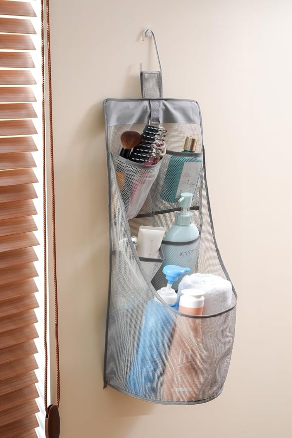 ALYER Hanging Mesh Bathroom Organizer,Durable Shower Caddy,Net Storage Bag for Closet Nursery Office Dorm RV Toys Cosmetics Sundries (Black, 24" H * 13" W * 8" D)