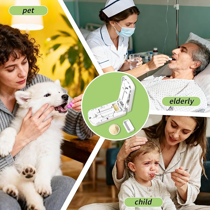 Pill Cutter - 1/2,1/3 &1/4 Pill Splitter with Storage Bag and Tweezers,for Small Tiny Large Pills | Hidden Blade & Sealed Storage | Adjustable & Cuts Multiple Tablets | Includes Cleaning Brush