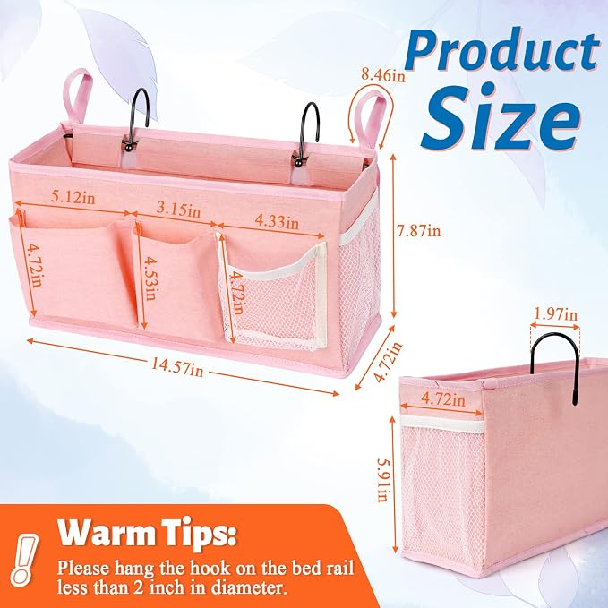 Bedside Caddy, Bedside Storage Bag Hanging Organizer for Bunk Dorm Bed Rail | Bed Caddy with Hooks, Top Bunks and Dorm Essentials for Water, Tissues, Tablets, Books, Phones, Remotes and Other Necessories
