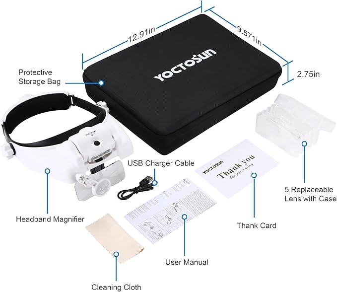 YOCTOSUN Magnifying Glasses with Light 1X-14X, Rechargeable LED Headband Magnifier with 6 Lenses and Storage Case, Hands Free Head Magnifying Visor for Close Work, Sewing, Crafts,Jewelry