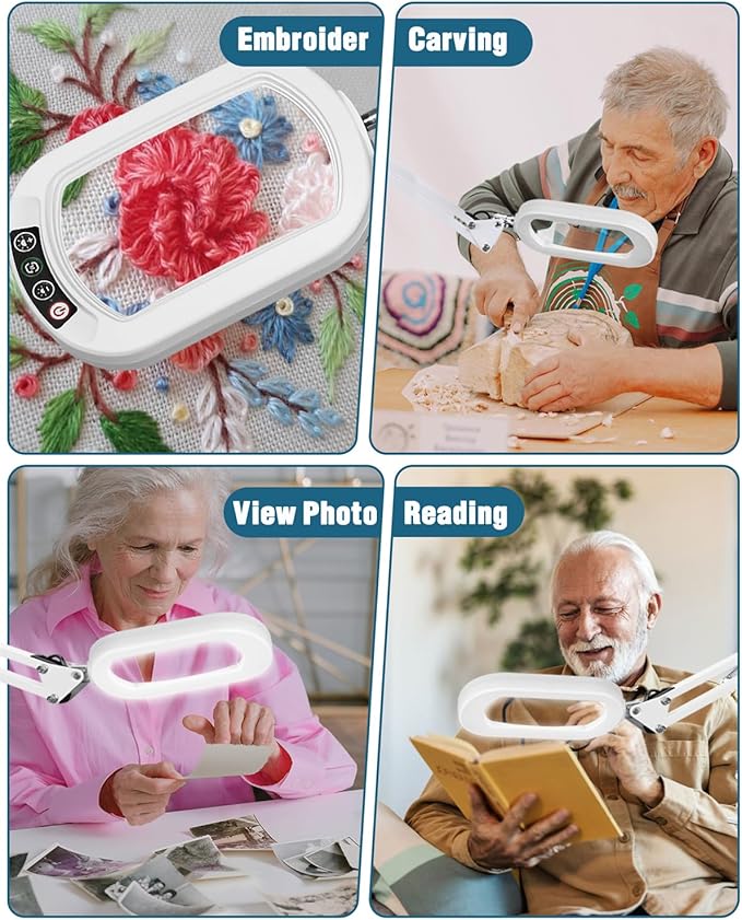 12X Rectangle Magnifying Glass with Light and stand, 2*16 Inch Swivel Arm LED Lighted Clamp Desk Lamp, 5 Color Modes Stepless Dimmable, Large Magnifier with Light for Reading Painting Close Work White