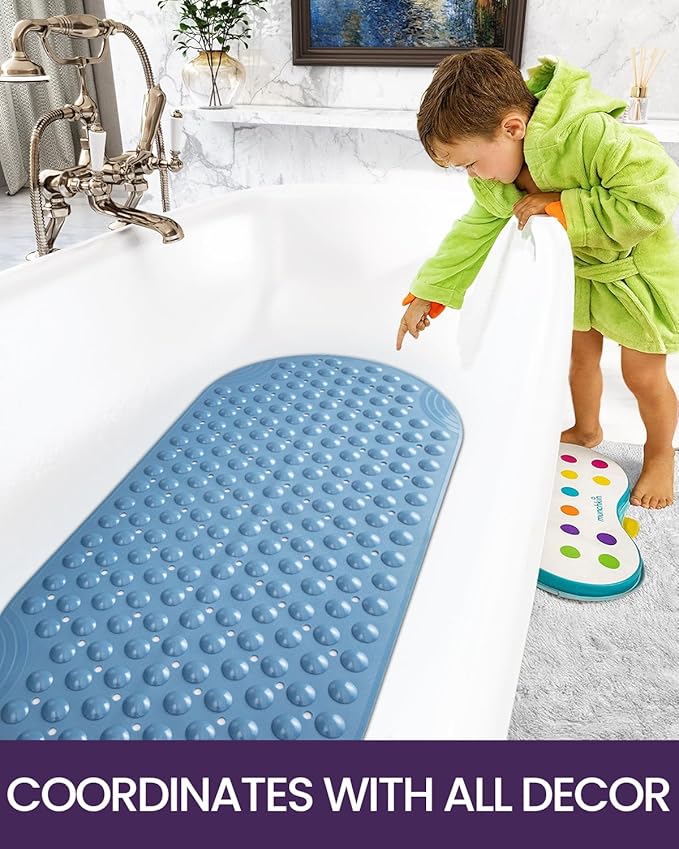 DEXI Bathtub Mat Non Slip 16x35, Shower Floor Mats for Bathroom Bath Tub, Washable Oval Bathmat with Suction Cups and Drain Holes, Blue