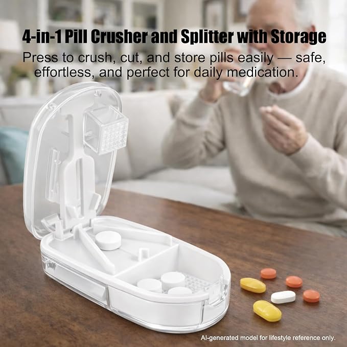 Pill Cutter and Crusher, Tablet Splitter for Small and Tiny Pills, Professional Medicine Cutter for Large Tablets, 1/4 Dose Divider,Portable Divider for Travel Use– Transparent White