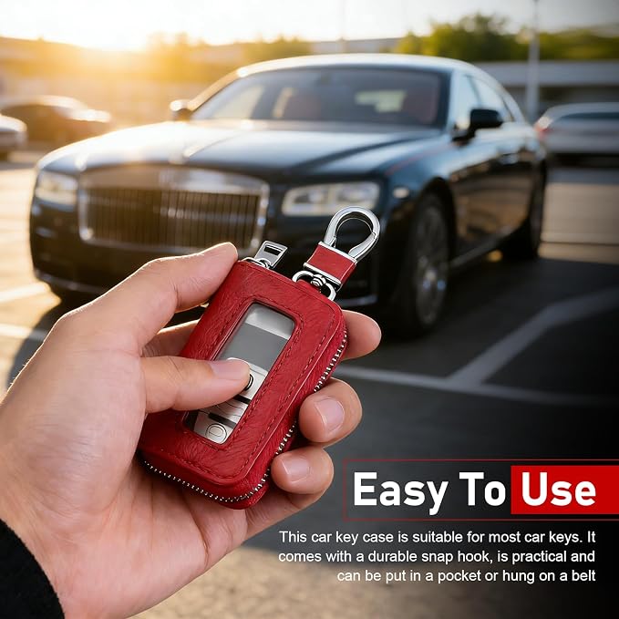 1PC Car Key Fob Case, Leather Car Key Holder for Purse, Automotive Smart Key fob Holder with Hook, for Remote Key Fob