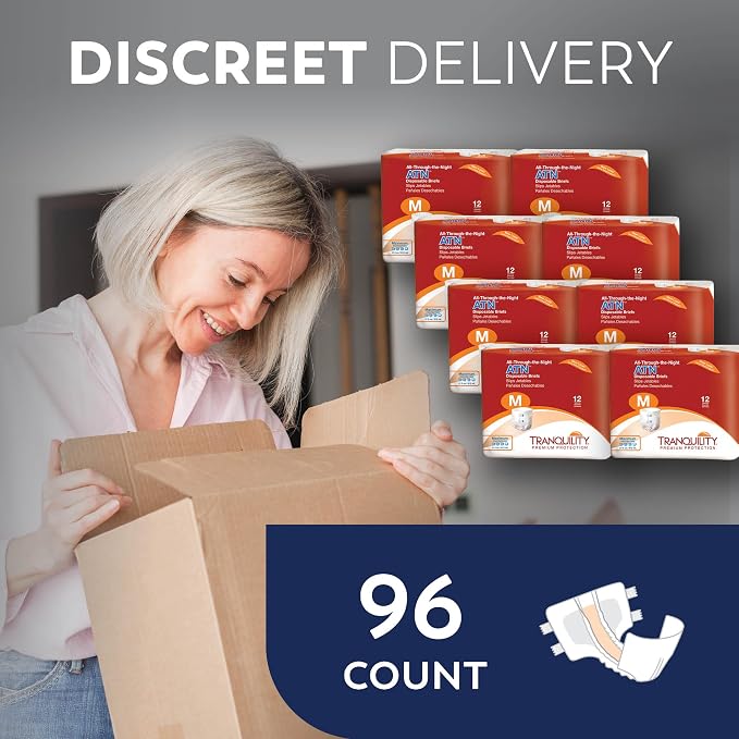 Tranquility Premium ATN Disposable Briefs with Tabs, Overnight Protection Superabsorbent Core for Leak-Free and Full-Fit Comfort, Medium 96ct Case