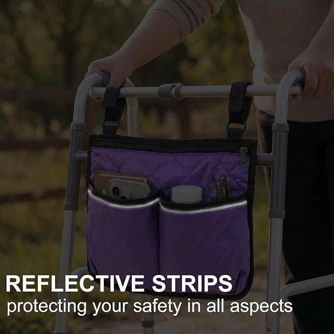Walker Bag for Folding Walker Walker Basket with Reflective Safety Strips Foldable Wheelchair Storage Bag with 2 Adjustable Straps for Night Visibility Seniors Elderly
