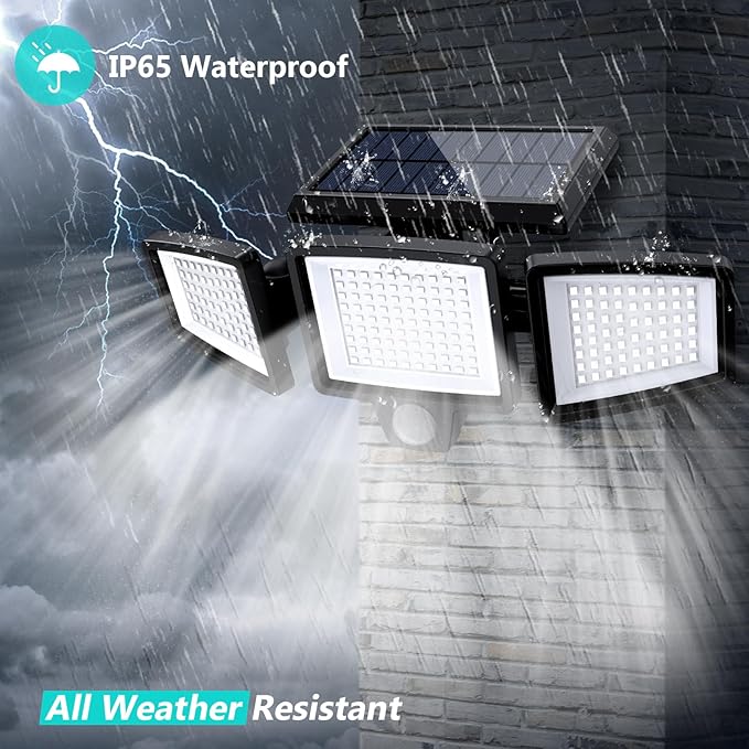Tuffenough Solar Outdoor Lights 2500LM 210 LED Security Lights with Remote Control,3 Heads Motion Sensor Lights, IP65 Waterproof,270° Wide Angle Flood Wall Lights with 3 Modes(4 Pack)