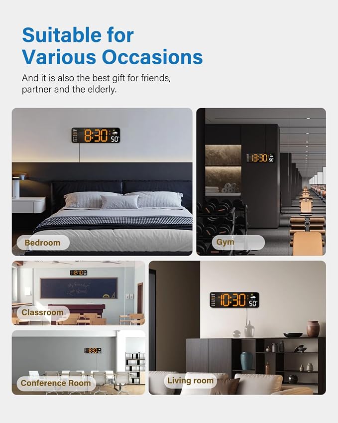 Digital Wall Clock, Digital Clock Large Display with Remote Control, Corded LED Alarm Clocks with Date, Week, Temp, Humidity, Auto DST, Countdown, for Living Room Bedroom Classroom Office (Orange)