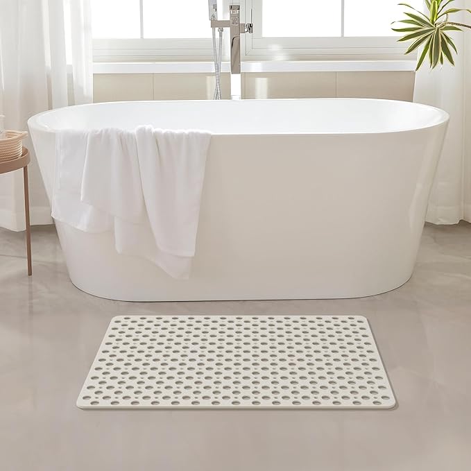 Yolife Large Shower Mat, 35 x 24 inch Non Slip Shower Mats for Inside Shower with Drain Holes and Suction Cups for Bathroom, No Odor TPE Shower Floor Mat, White