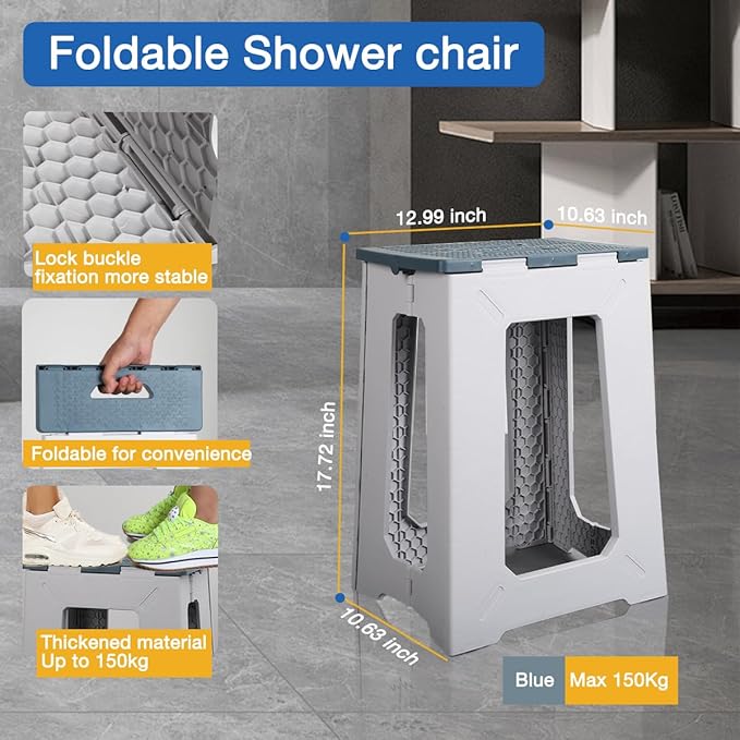 Foldable Small Waterproof Plastic Corner Stool for Bathroom - Foldable Non-Slip Shower Bench/Bathtub Stool for The Elderly, Blue-White Color Scheme,Holds Up to 330 lbs, 17.7 inches