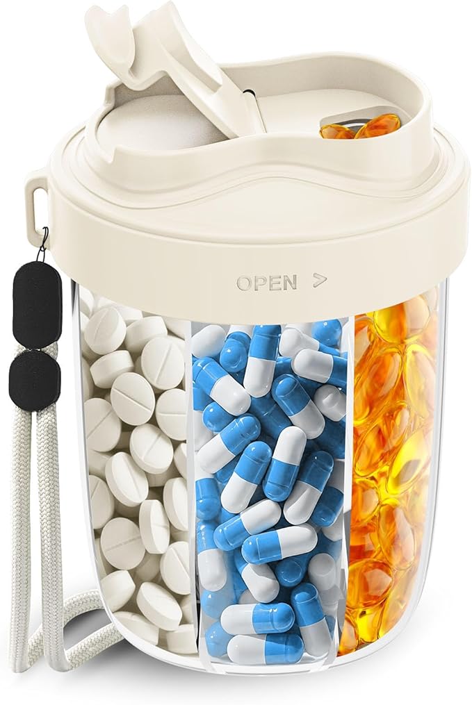 Large Pill Dispenser to Store 7 Various Supplements - Pill Organizer & Supplement Organizer for Travel, Anti-Mixing Design, with Strap & 20 Sticky Labels (Off-White)