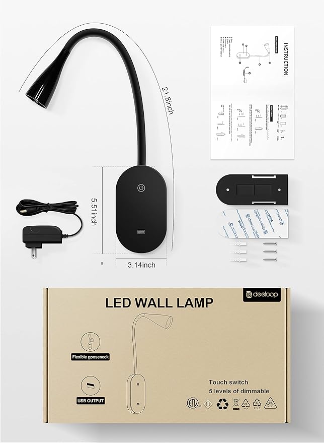deeloop LED Wall Mount Reading Light for Bed, Reading Lamp with USB Output 5 Brightness Levels Touch Control Book Lights, 4000K Bedside Lamp Flexible Head Rotation, 2 Easy Install Options