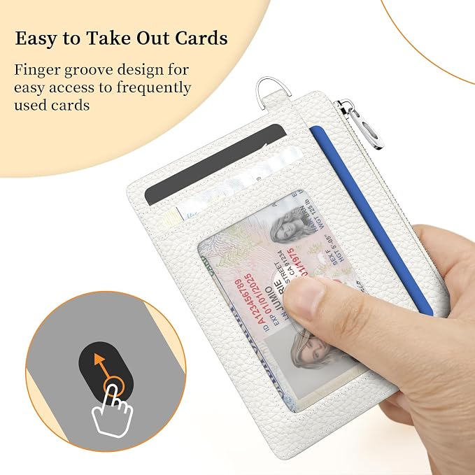 Hancynir White Minimalist Small Wallet Women Credit Card Holder RFID Slim | Zipper Pocket Wallet, Thin Travel Coin Purse, Ladies Women Mens Gifts, Cute Card Case, 6 Card Slots, ID Window, PU Leather