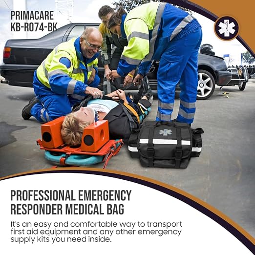 Primacare KB-RO74-BK First Responder Trauma Bag, 17" x 9" x 7", Black — EMT/EMS Medical Supply Organizer with Padded Dividers, Multiple Compartments, Side Pockets, Reflective Strip, Durable Design