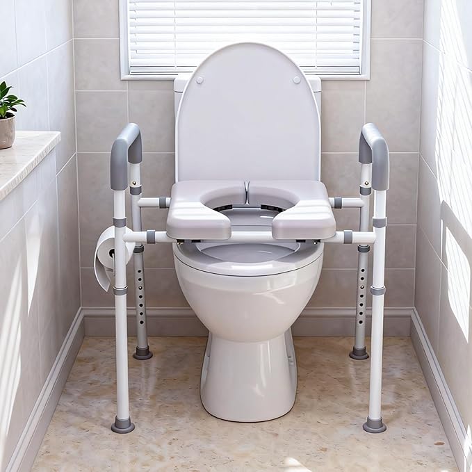 Raised Toilet Seat with Handles - Width & Height Adjustable Toilet Seat Risers for Seniors, Heavy Duty Handicap Toilet Riser, Fit Any Toilet, Up to 400lbs