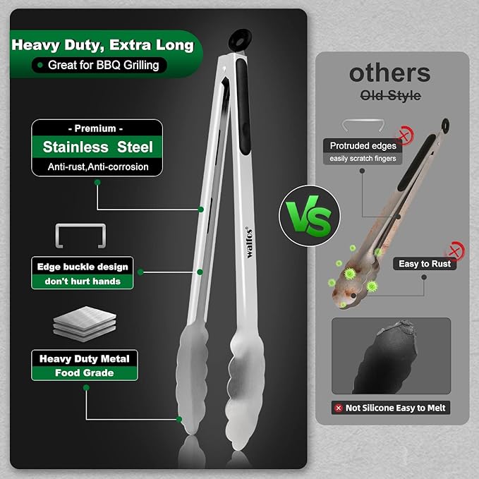 Walfos Extra Long Grill Tongs - Heavy Duty Metal Tongs - 16 & 12 inch Great for Grilling,BBQ/Barbecue,Cooking - Stainless Steel and Non-Slip Heat Resistant Silicone Handle (Set of 2)