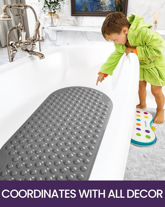 DEXI Bathtub Mat Non Slip 16x35, Shower Floor Mats for Bathroom Bath Tub, Washable Oval Bathmat with Suction Cups and Drain Holes, Gray