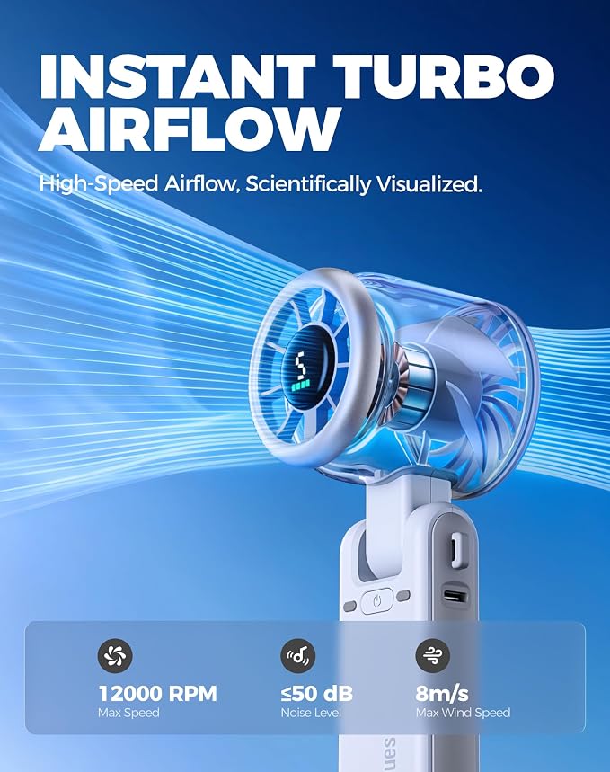 Diveblues Portable Handheld Turbo Fan, 5 Gear Wind, Battery Operated, Up to 12 Working Hours, 3 IN 1 Hand Fan with Air Turbo Tech Cooling Fan for Outdoor Activities, Travel, Working, Silvery white