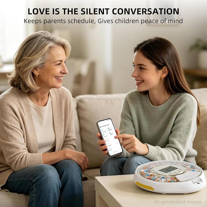28-Day Bluetooth Automatic Pill Dispenser with App Alert for Caregivers | Adherence History Tracking for Seniors, Top Lock & Ergonomic Curved Lid, 9 Custom Alarms & Clear LCD, Sound-Light Reminders