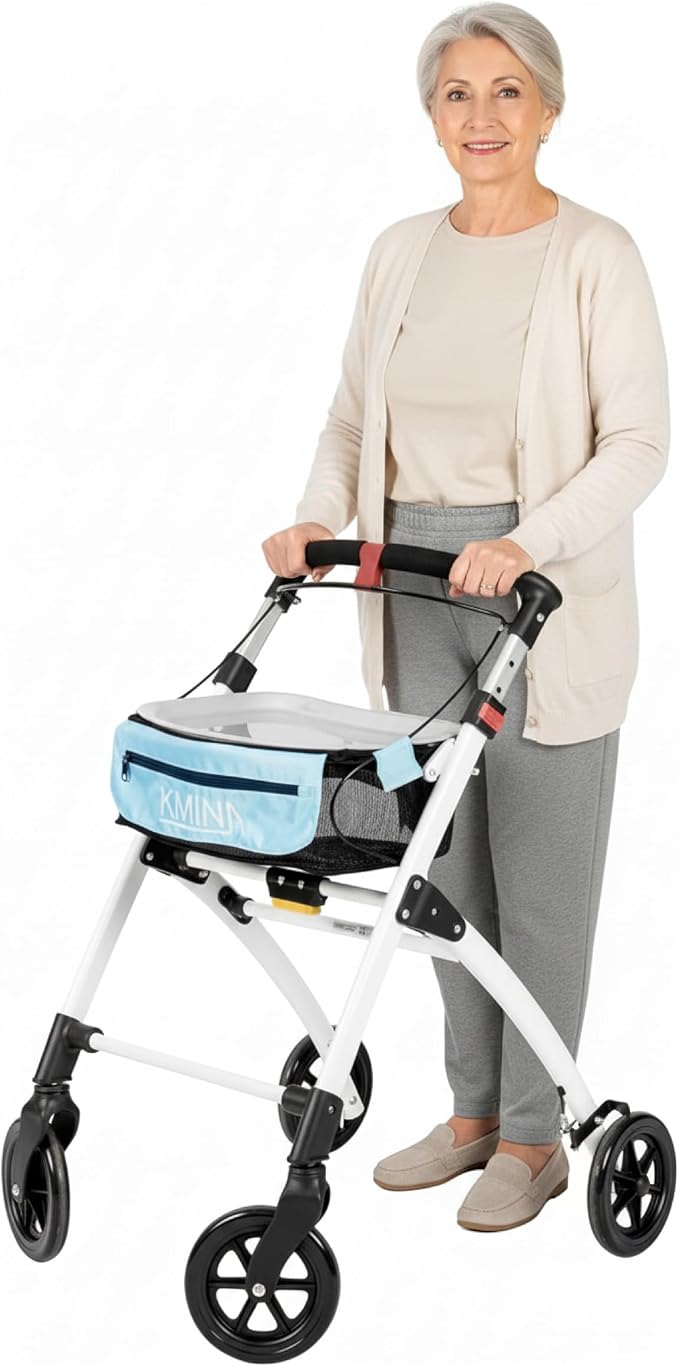 KMINA Narrow Walker for Small Spaces (22" Wide), Foldable Walker | Tray and Basket, 4 Wheels and Brakes, Lightweight Indoor Rollator for Seniors, Black